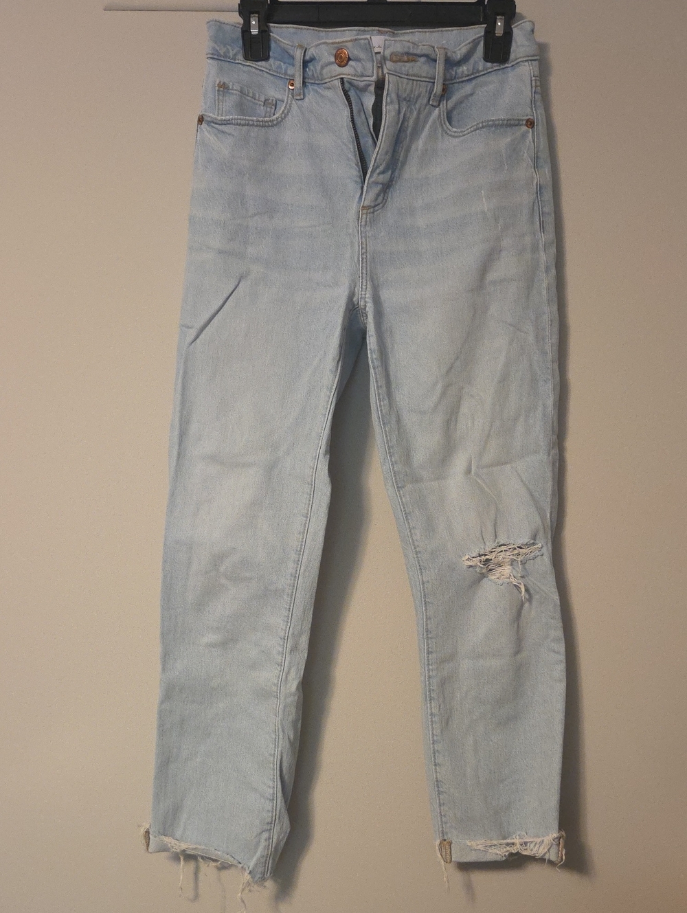 LOFT Light Blue High-Rise Straight Leg Jeans with Knee Distress